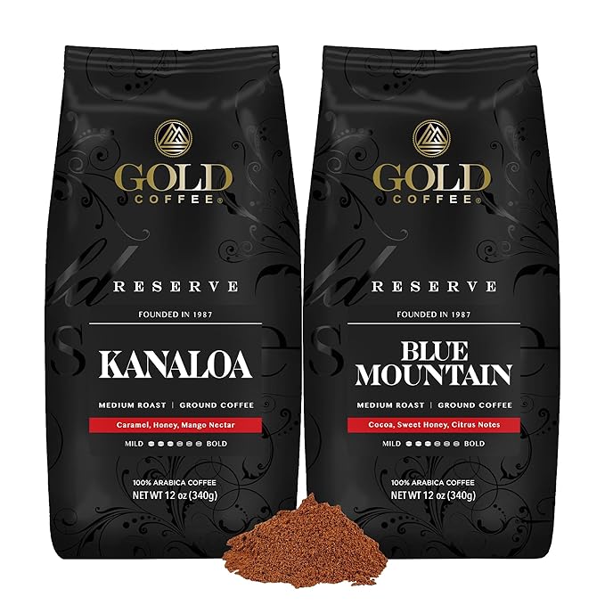Gold Coffee Bundle | Kanaloa &amp Blue Mountain Medium Roast Ground |100% Arabica Coffee 12 oz. (Pack of 2)