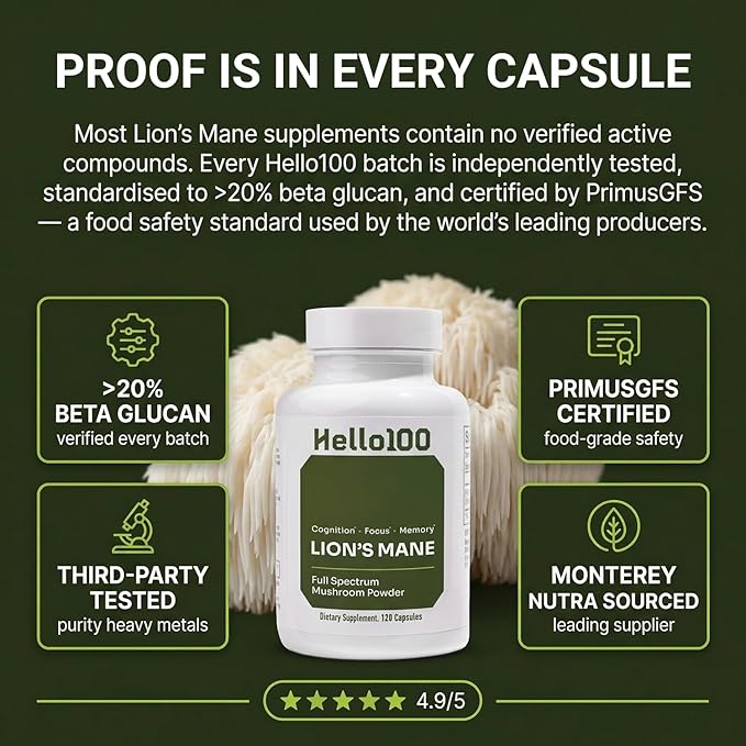 Lion’s Mane Mushroom Supplement 1000mg - Dual Extract for Focus Memory &amp Mental Clarity - High Potency Nootropic Brain Supplement with 20% Beta-Glucans - Fruiting Body &amp Mycelium - 60 Caps