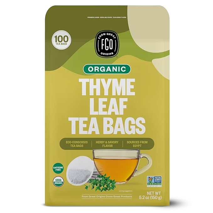 FGO Organic Thyme Leaf Tea 100 Count Eco-Conscious Tea Bags Caffeine Free Resealable Bag Packaging May Vary (Pack of 1)