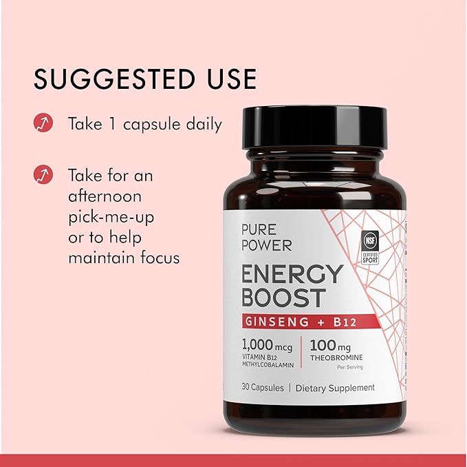 Dr. Mercola Pure Power Energy Boost 30 Servings (30 Capsules) Ginseng + B12 Dietary Supplement Boosts Physical &amp Mental Energy Non-GMO (Pack of 2)