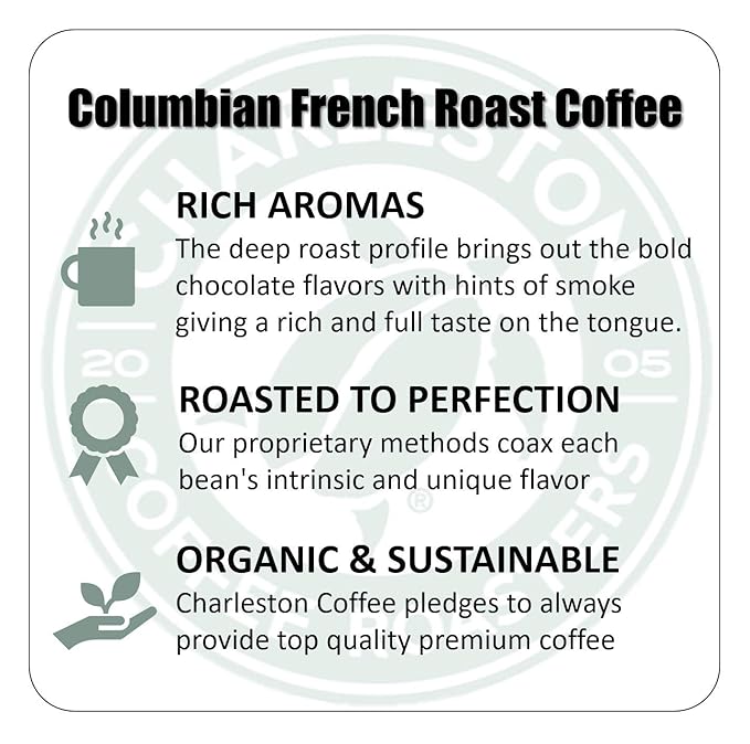 Charleston Coffee Roasters | Specialty Organic Ground Bag | Hand Picked Premium Slow Roast (Colombian French Bold Roast) 12oz