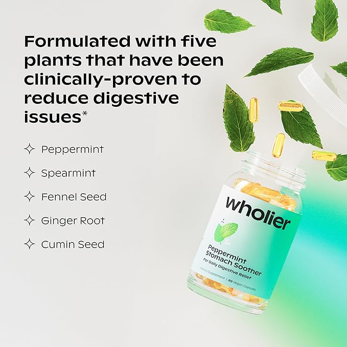 wholier Peppermint Oil Ginger Root Oil for Bloating Relief Nausea Relief Upset Stomach Relief + Gut Health. Daily Herbal Supplement. Peppermint Stomach Soother. (60 Vegan Capsules) Glass Bottle