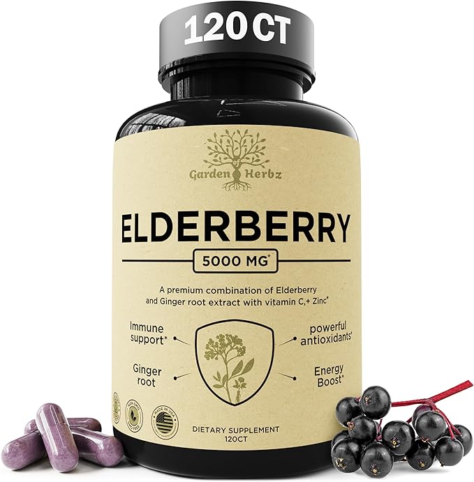 Elderberry with Vitamin C Zinc &amp Ginger – Potent Immune Booster 5000 Mg Elderberry Zinc &amp Vitamin C – Non-GMO Immunity Vitamins for Adults to Help You Feel Vibrant 120 Caps