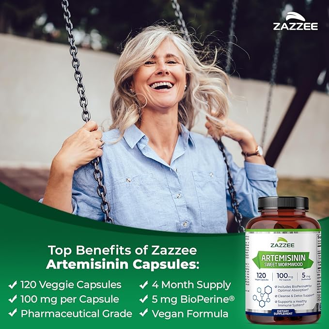 Zazzee High Absorption Artemisinin 100 mg per Capsule 120 Vegan Capsules with 5 mg BioPerine for Maximum Absorption Sweet Wormwood Extract 4 Month Supply All-Natural and Non-GMO (Pack of 2)