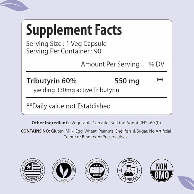 Tributyrin Supplement 550mg Advanced Butyrate Form for Gut Health 60% Standardized More Effective Delivery Than Sodium Butyrate 90 Capsules Non-GMO &amp Gluten Free Postbiotic Supplement