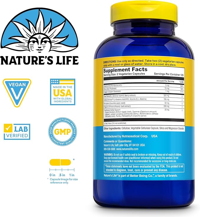Nature's Life Prostate Maintain - Prostate Support Supplement for Men's Health - Saw Palmetto Pygeum Herbal Complex and Zinc Supplements - 125 Servings 250 Vegetarian Capsules