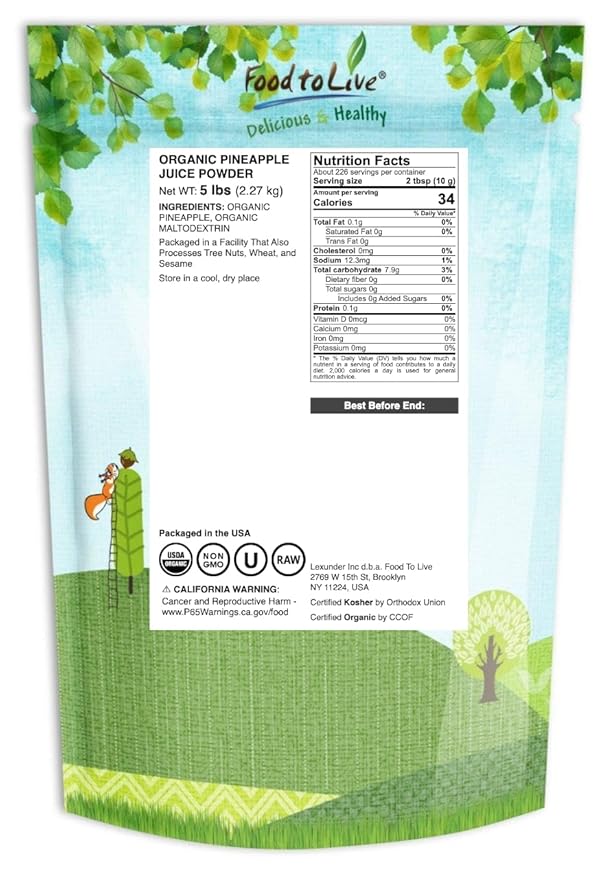 Food to Live Organic Pineapple Juice Powder 5 Pounds - Non-GMO Made from Raw Dried Fruit Unsulfured Vegan Bulk Kosher Great for Baking Juices Smoothies Contains Maltodextrin No Sulphites