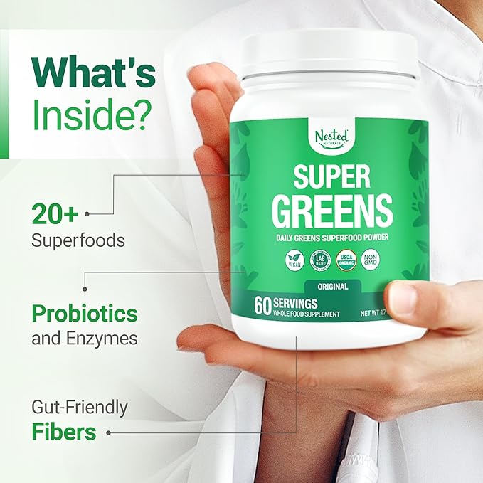 Nested Naturals Super Greens Daily Superfood Powder - Certified USDA Organic Green Powder w/20+ Whole Foods Spirulina Powder Wheat &amp Barley Grass - Probiotics Fiber &amp Enzymes - Original Fla