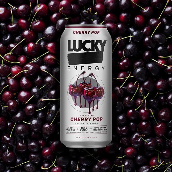 Lucky Energy Sugar Free Energy Drinks Cherry Pop 16oz Cans (12-Pack) Healthy Zero Sugar Energy Drink with Maca Ginseng Beta-Alanine Taurine &amp 200mg Caffeine