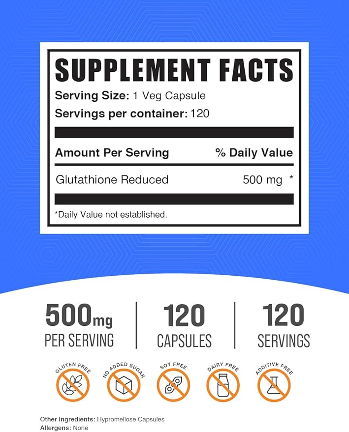 BulkSupplements.com Glutathione Reduced Capsules - Glutathione Supplement - Gluten Free 1 Capsule Per Serving 120 Capsules (Pack of 1)