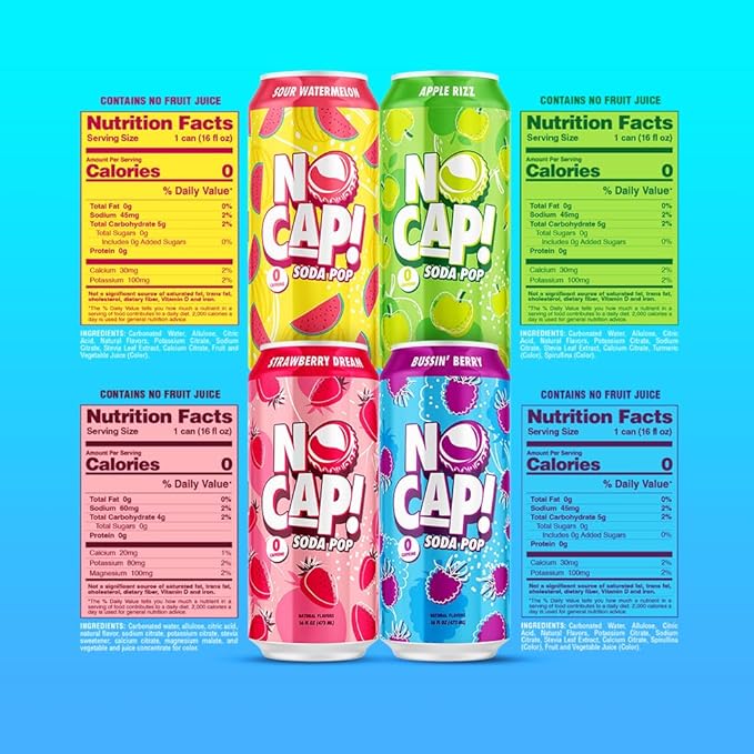 NO CAP! Next Gen Soda Pop with Electrolytes for Hydration Zero Sugar Zero Calories Caffeine-Free Soda Vegan &amp Gluten-Free 16 oz Cans 12pk (Variety Pack)
