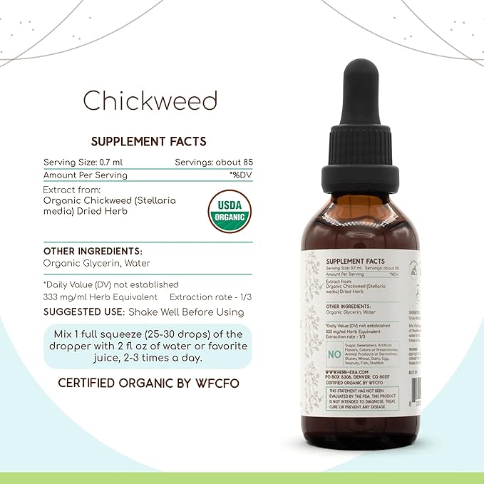 Chickweed B60 USDA Organic Tincture | Alcohol-Free Extract High-Potency Herbal Drops | Certified Organic Chickweed (Stellaria Media) Dried Herb (2 oz)