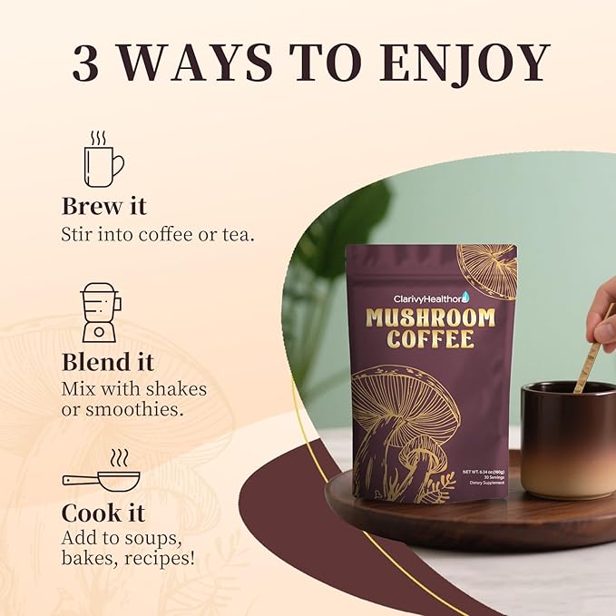 Instant Mushroom Coffee with Lions Mane Turkey Tail 6 Adaptogenic Mushrooms – Mushroom Supplement &amp Powder for Energy Focus Digestion &amp Immunity – 30 Servings