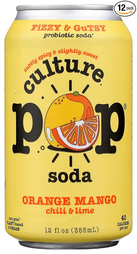 Culture Pop Soda Sparkling Probiotic Drink 40 Calories Per Can Vegan Soda for Gut Health Non-GMO GF No Added Sugar Orange Mango 12 Fluid Ounce (Pack of 12)