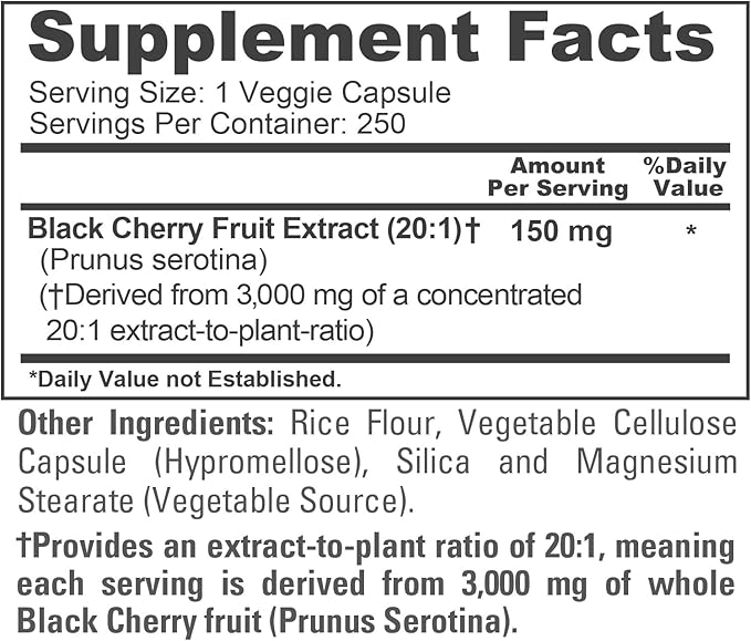 NusaPure Black Cherry Extract 20:1 - Suitable for Vegetarian/Vegan Non - GMO - 3000mg 250 Capsules