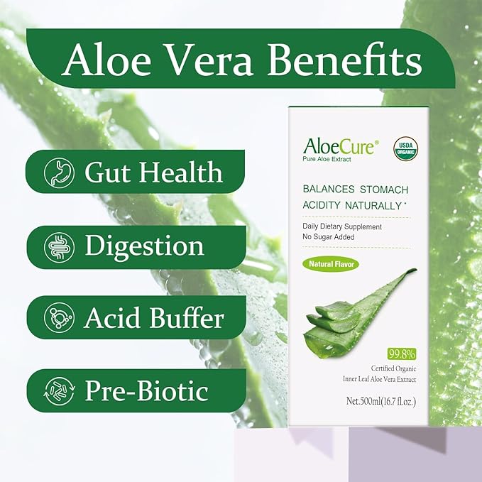 AloeCure USDA Organic Aloe Vera Juice Made Within 12 Hrs of Harvest - Pure Aloe Juice Natural Digestive Supplement to Support Digestion Immune System and Balanced Stomach Acidity 4 x 500ml Bottles