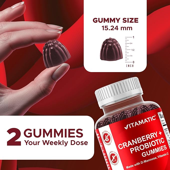 Vitamatic 2 Pack Cranberry Gummies with D-Mannose Probiotics Vitamin C – Plant-Based Botanical Extract – Vegan Non-GMO – 60 Count