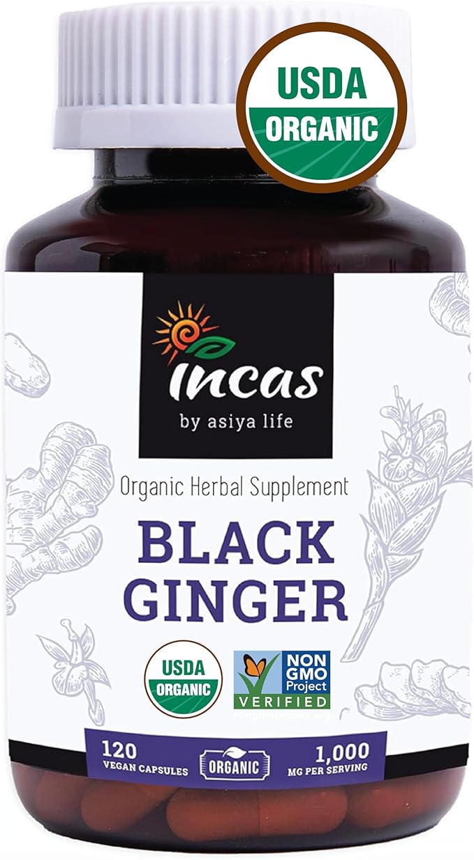 INCAS USDA Organic Thai Black Ginger for Men 120 Vegan Capsules 500mg Non GMO Verified | First &amp Only Organic Certified Kaempferia Parviflora Thai Ginseng