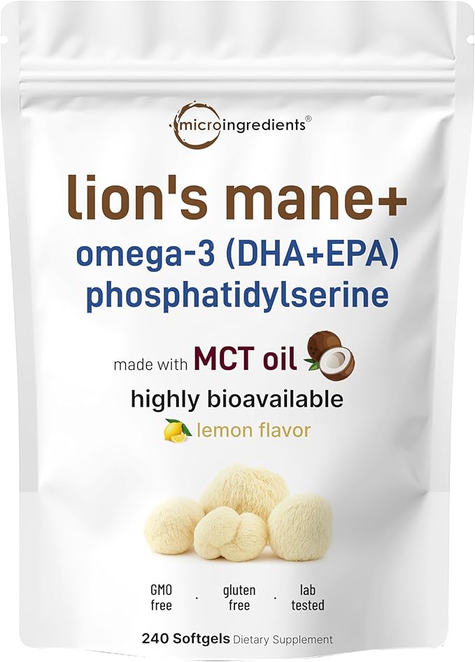 Micro Ingredients Lions Mane+ with Omega-3 EPA DHA &amp Phosphatidylserine – 240 Softgels with MCT Oil for Better Absorption – Fruiting Body &amp Mycelium Superfood Mushroom Extract – Lemon Flavored