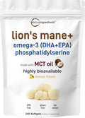 Micro Ingredients Lions Mane+ with Omega-3 EPA DHA &amp Phosphatidylserine – 240 Softgels with MCT Oil for Better Absorption – Fruiting Body &amp Mycelium Superfood Mushroom Extract – Lemon Flavored