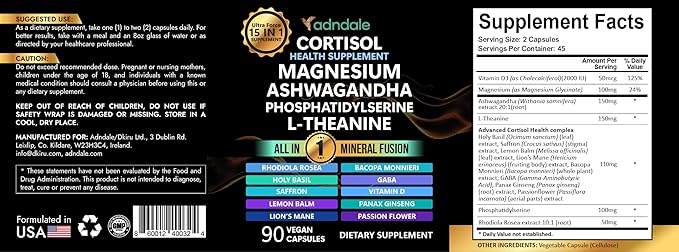 Adndale Cortisol Supplements for Women. Cortisol Reducer 14-in-1 Ashwagandha Supplement with Magnesium Glycinate L-Theanine &amp More. 90 Capsules.