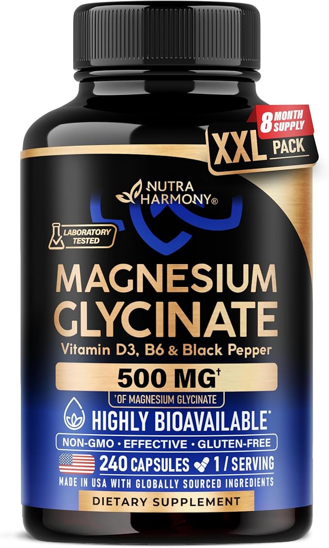 Magnesium Glycinate 500 mg - Chelated Supplement - High Absorption Form of Magnesium - Support for Sleep Muscle &amp Heart Health - Made in USA Lab Tested &amp Non-GMO - 240 Capsules