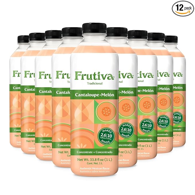 Frutiva Authentic Cantaloupe Drink Mix | Made in Mexico with Cane Sugar | Aguas Frescas Concentrate Makes 2.6 Gallons Per Bottle | No High Fructose Corn Syrup | Perfect for Drinks Desserts &amp More