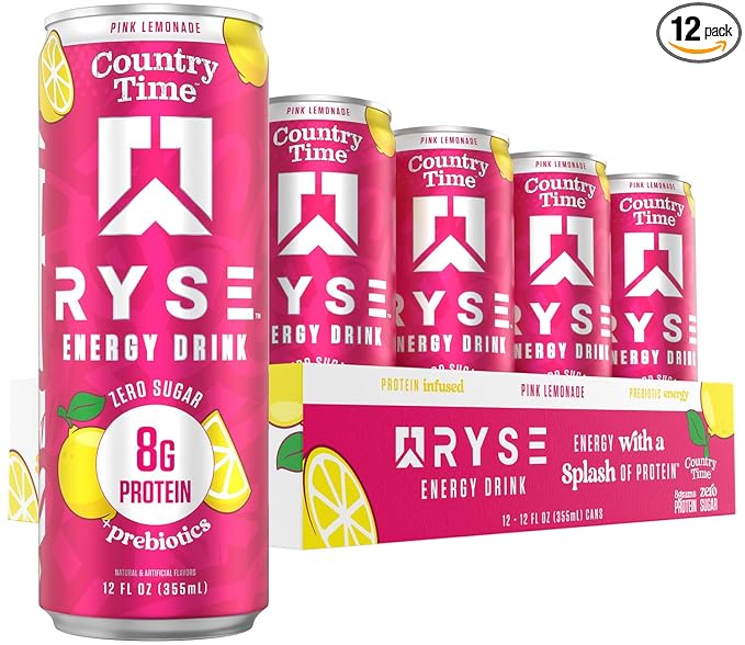 RYSE Functional Energy Drink - Country Time Pink Lemonade - 150mg Natural Caffeine 8g Whey Protein &amp 1g Prebiotics - Sugar Free Gut-Friendly Bloat-Free - 12 fl oz Cans (12-Pack)