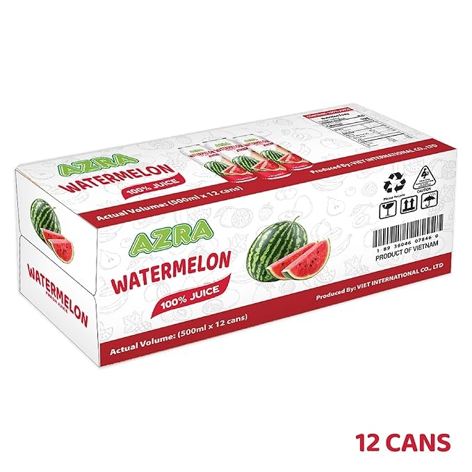 AZRA 100% Watermelon Juice – Fresh Fruit Juice in 500ml Cans (Pack of 12) – Zero Sugar Drinks Healthy Beverages Variety Pack for Kids and Adults – 100% Juice Bulk Drinks