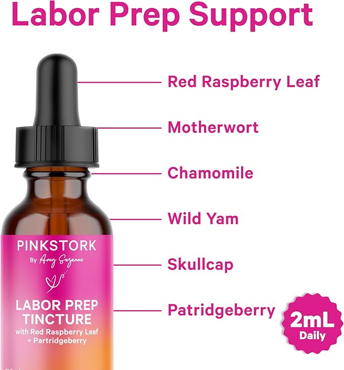Pink Stork Labor Prep Tincture – Red Raspberry Leaf Chamomile Ginger &amp 8 Herbs – Third Trimester Pregnancy + Postpartum Recovery &amp Lactation Support – 2 oz Herbal Supplement