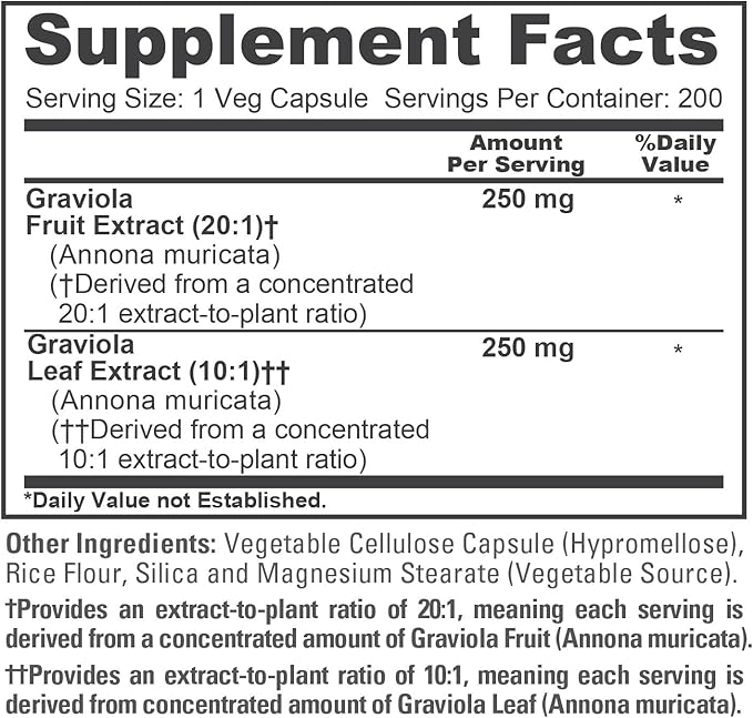 NusaPure Graviola Capsules 250 mg 200 Veg Capsules (Non-GMO Vegan)