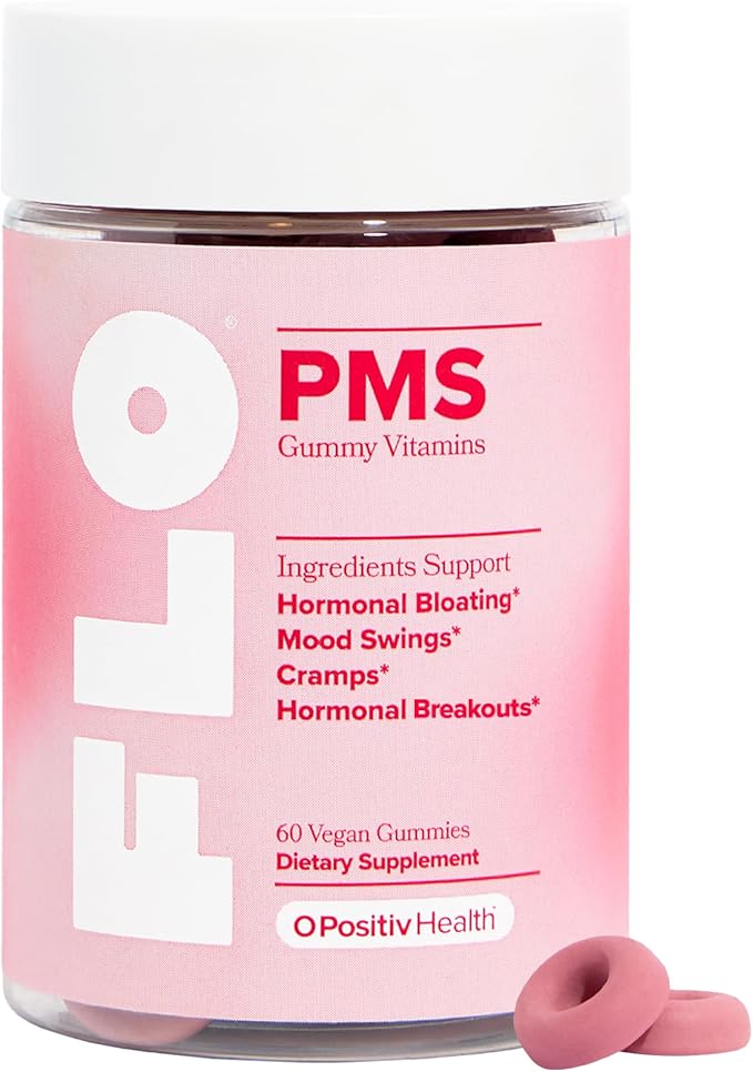 O Positiv FLO PMS Gummies for Women - Proactive PMS Relief - Targets Hormonal Breakouts Bloating Cramps &amp Mood Swings with Chasteberry Vitamin B6 &amp Lemon Balm - PMS Gummies (Pack of 1)