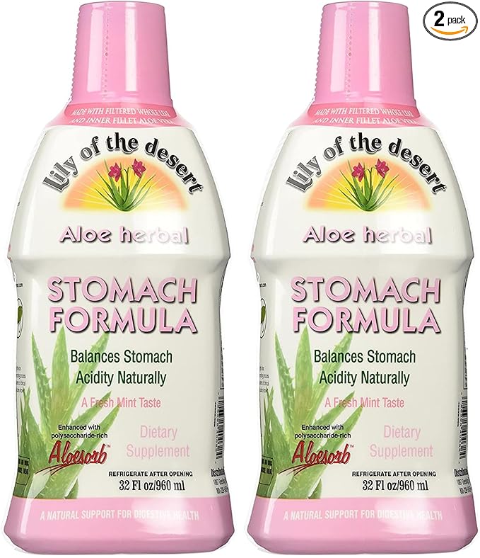 Lily Of The Desert Stomach Formula Organic Aloe Vera Juice with Slippery Elm Chamomile Peppermint and Ginger for Gut Health Acid Reflux Heartburn Relief 32 Oz (Pack of 2)