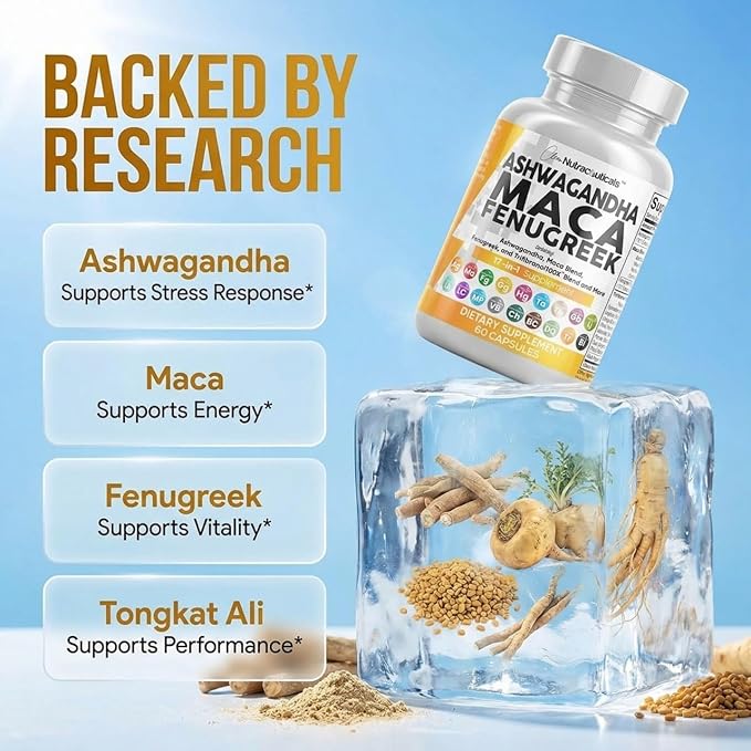 Clean Nutraceuticals Ashwagandha Maca Root Fenugreek Supplement with Tongkat Ali Ginseng - Assists with Stress Mood &amp Thyroid - Ashwagandha Capsules Fenugreek Caps - 1 Pack