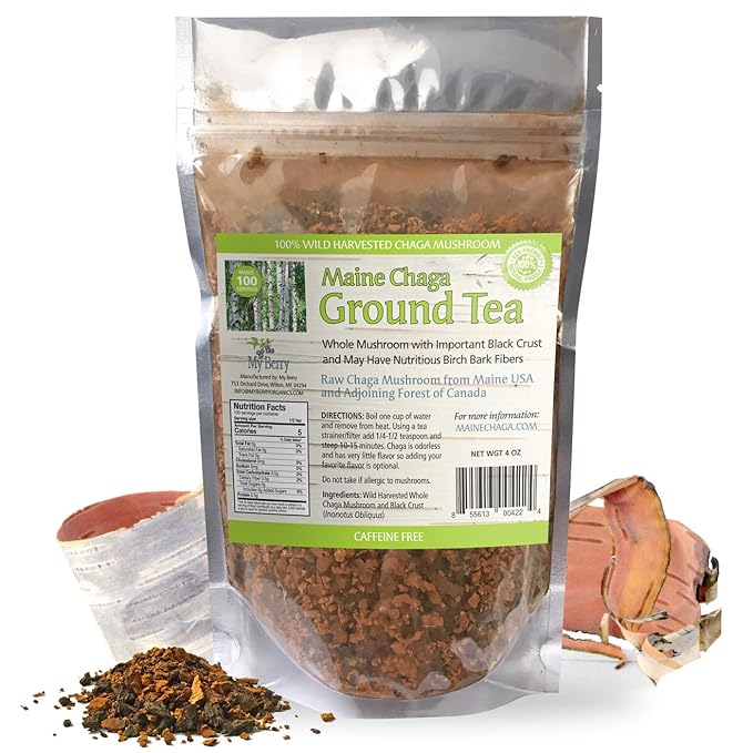 Chaga Ground Herbal Tea by My Berry | 100% Canadian Wild-Harvested | Additive-Free &amp Caffeine-Free | Coarse Ground Loose Tea | 4oz