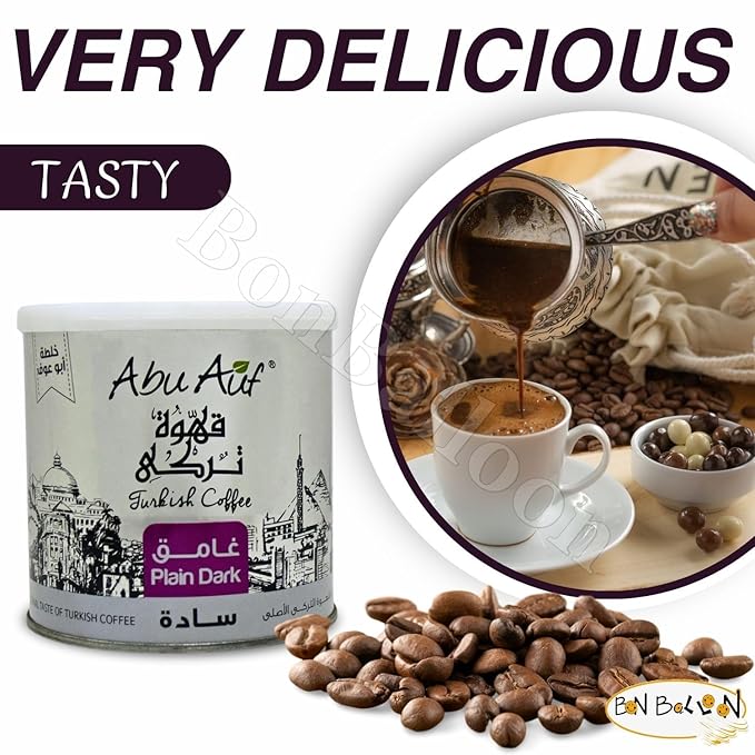 Abu Auf AbuAuf Oriental Original Turkish Coffee Cafe Arabic Arabian Arabica Ground Roasted Mud Coffee Plain Dark Roast (Plain Dark Roast (1 Pack = 7.05 oz / 200 gm) بن ابو عوف سادة غامق