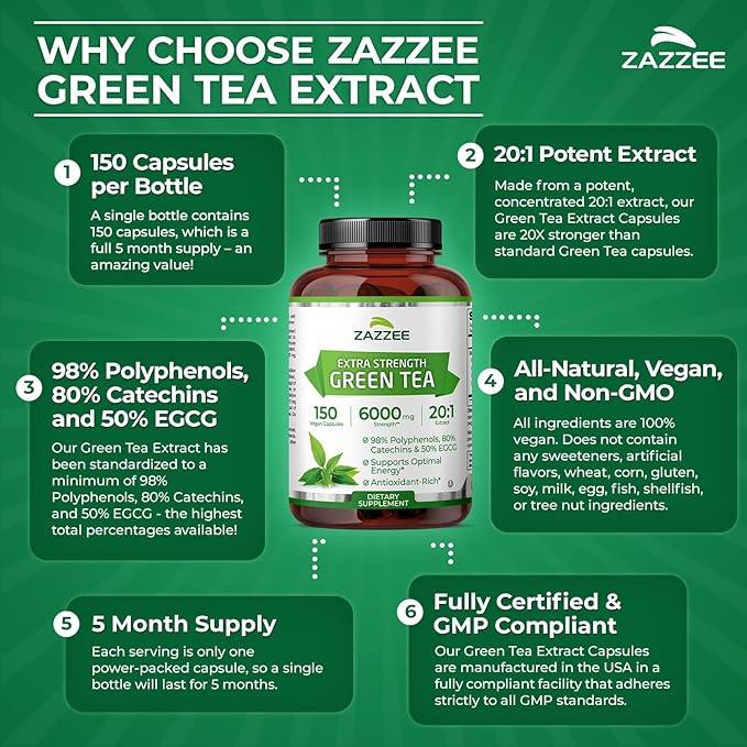 Zazzee Extra Strength Green Tea 20:1 Extract 50% EGCG 98% Polyphenols 80% Catechins 150 Vegan Capsules 5 Month Supply Certified Kosher Antioxidant &amp Metabolism Support Non-GMO Made in the