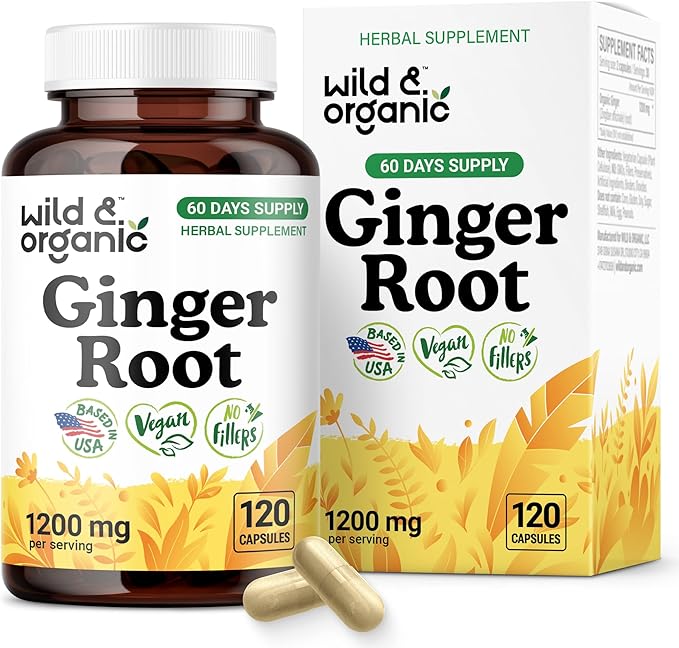 Wild &amp Organic Ginger Root Capsules 1200 mg - Immune &amp Digestive Support - Ginger Root Supplement - Zingiber Officinale Powder - 60 Days of Supply - Vegan No Fillers Non-GMO - 120 Count
