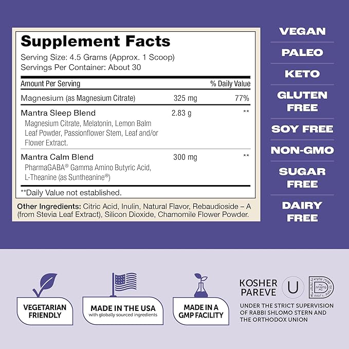 Zahler Mantra Rest The Calming Sleep Aid Supplement Lemon Chamomile Flavor 30 Servings.