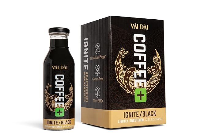 Vai Dai Coffee Black 12-pack 12 Fl Oz - Lightly Sweetened Ready-to-Drink Functional Adaptogens &amp Nootropics for Energy Focus &amp Mental Clarity with Lion’s Mane Ashwagandha Mushrooms &amp