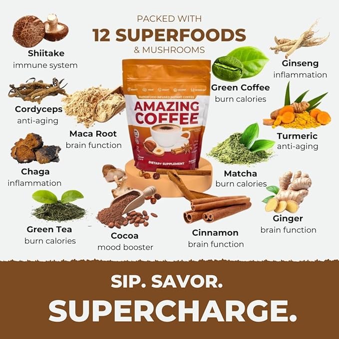 Superfoods Company | Amazing Coffee - Instant French Roast | Adaptogenic Mushrooms Superfoods infused - Energy Focus Digestion Immunity - 60 Servings - Cocoa Flavor