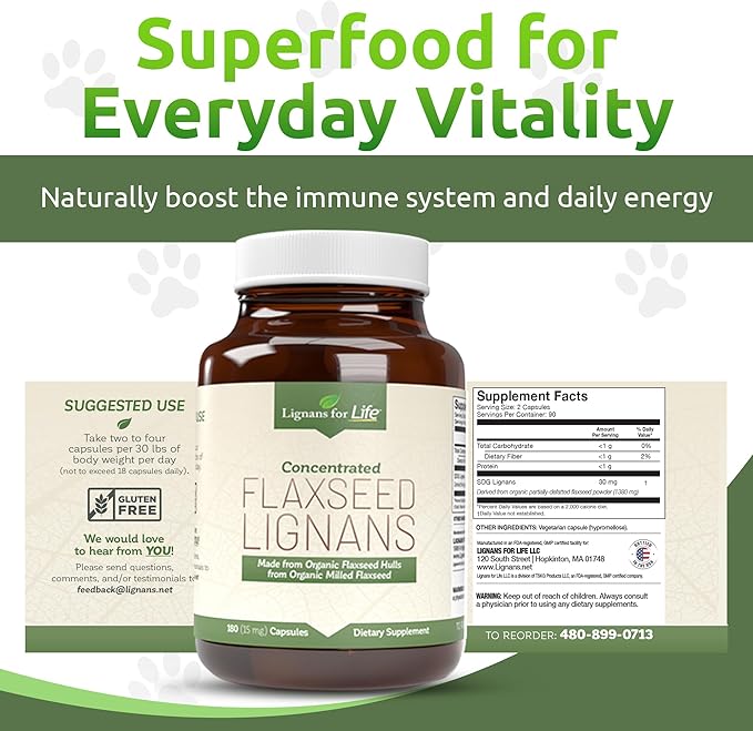 Lignans For Life Flaxseed Lignans for Dogs &amp People + SDG - Omega 3 Fatty Acids High Fiber Antioxidants - Improve Shiny Coat Digestive &amp Heart Health for Dogs 15mg 180 Flaxseed Capsules 1