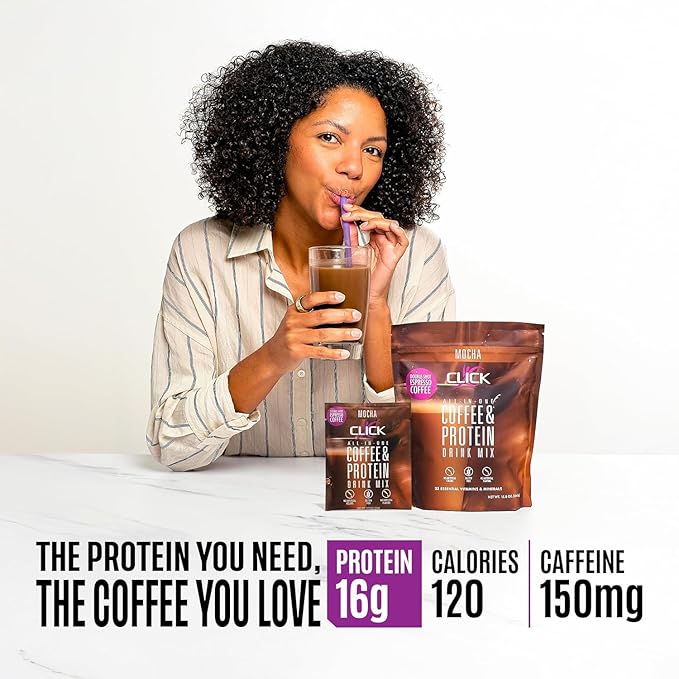 Click Coffee Protein Protein &amp Real Coffee All-in-One Meal Replacement Nutrition Drink Mocha Flavor 23 Essential Vitamins Double Shot Espresso Coffee Hot or Cold 15.8-Ounce