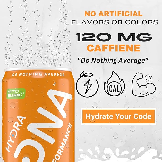 HYDRADNA- Clean Performance Drink Zero Sugar | For Natural Fuel Alertness Boost Stamina120 mg Organic Caffeine Natural Flavors Zero Sucralose Clean Ingredients (12 Pack) (12 Pack Orange)
