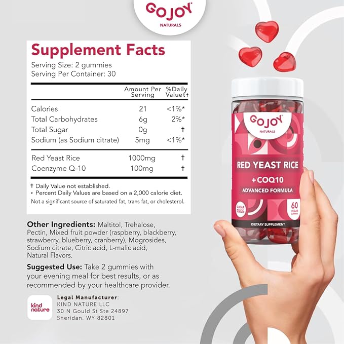 Sugar-Free Red Yeast Rice with CoQ10 Gummies - Cholesterol Supplements with Red Rice Yeast 1000 mg. - Cholesterol Gummies Complex - Vegan Non-GMO Gluten-Free &amp Citrinin-Free Supplement