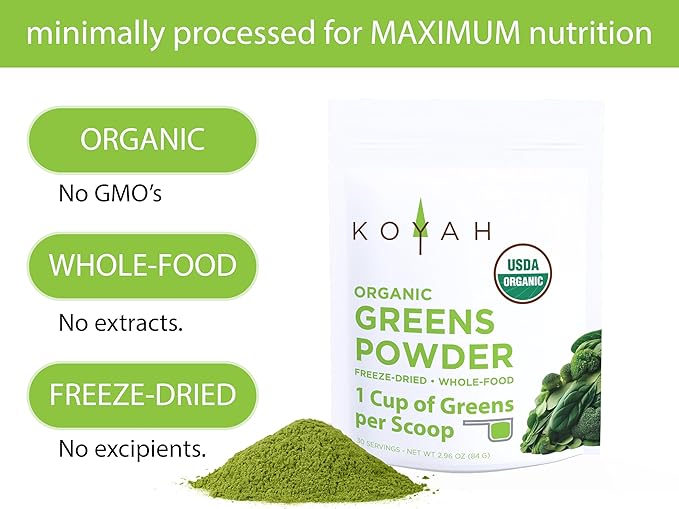 KOYAH - Organic Greens Blend Powder (Equivalent to 30 Cups Fresh Greens): Freeze-Dried Whole-Vegetable
