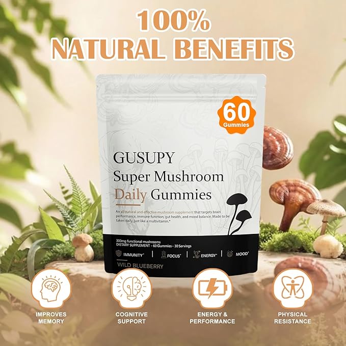 Lions Mane Mushroom Supplement Gummies - All-in-One Daily Mushroom Supplement Gummy 12 Mushroom Blend Cordyceps Chaga Reishi Herbal Brain Supplement for Cognitive Memory &amp Focus60 Gummies