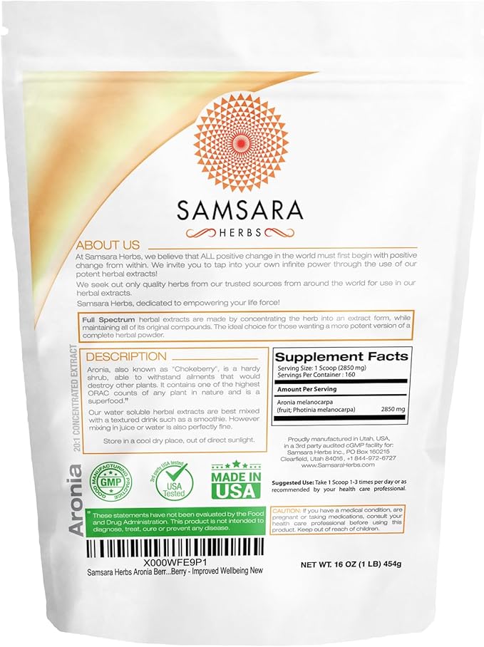 Samsara Herbs Aronia Berry 20:1 Extract Powder (16oz/454g) - Antioxidant Flavonoids and Polyphenols Supplement - High ORAC - Native American Berry - Improved Wellbeing