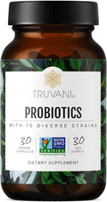 Truvani Probiotic Supplement | 30 Servings | 15 Billion CFU | 15 Diverse Strains for Digestive Immune &amp Brain Health Support | Shelf-Stable Vegan Capsules | Non-GMO No Fillers