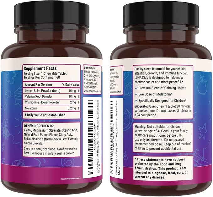Nested Naturals Luna Kids Sugar-Free Sleep Aid Tablets for Children 4+ - Naturally Sourced Ingredients - Herbal Sleep Supplement with Chamomile Melatonin Valerian &amp Lemon Balm - 120 Chewable Tab